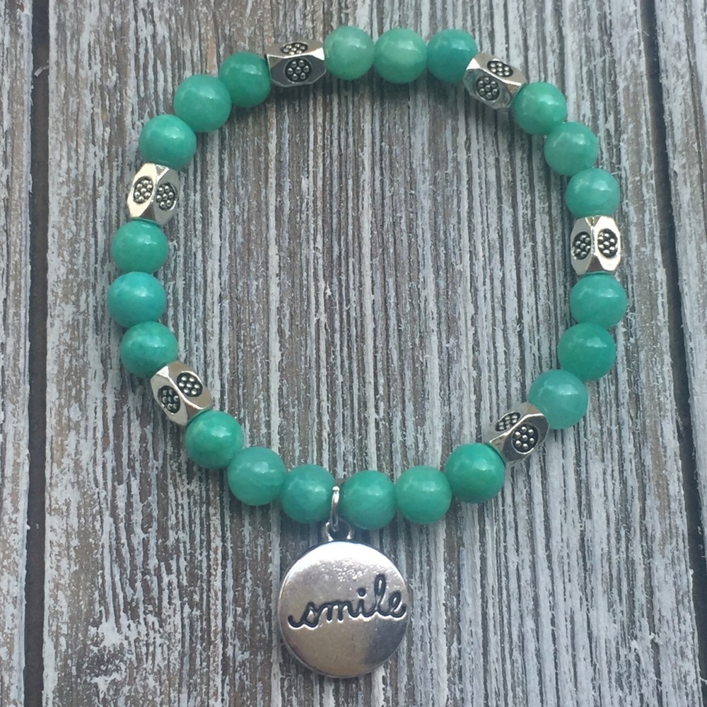 Blue Amazonite Crystal Silver Smile Charm Bracelet